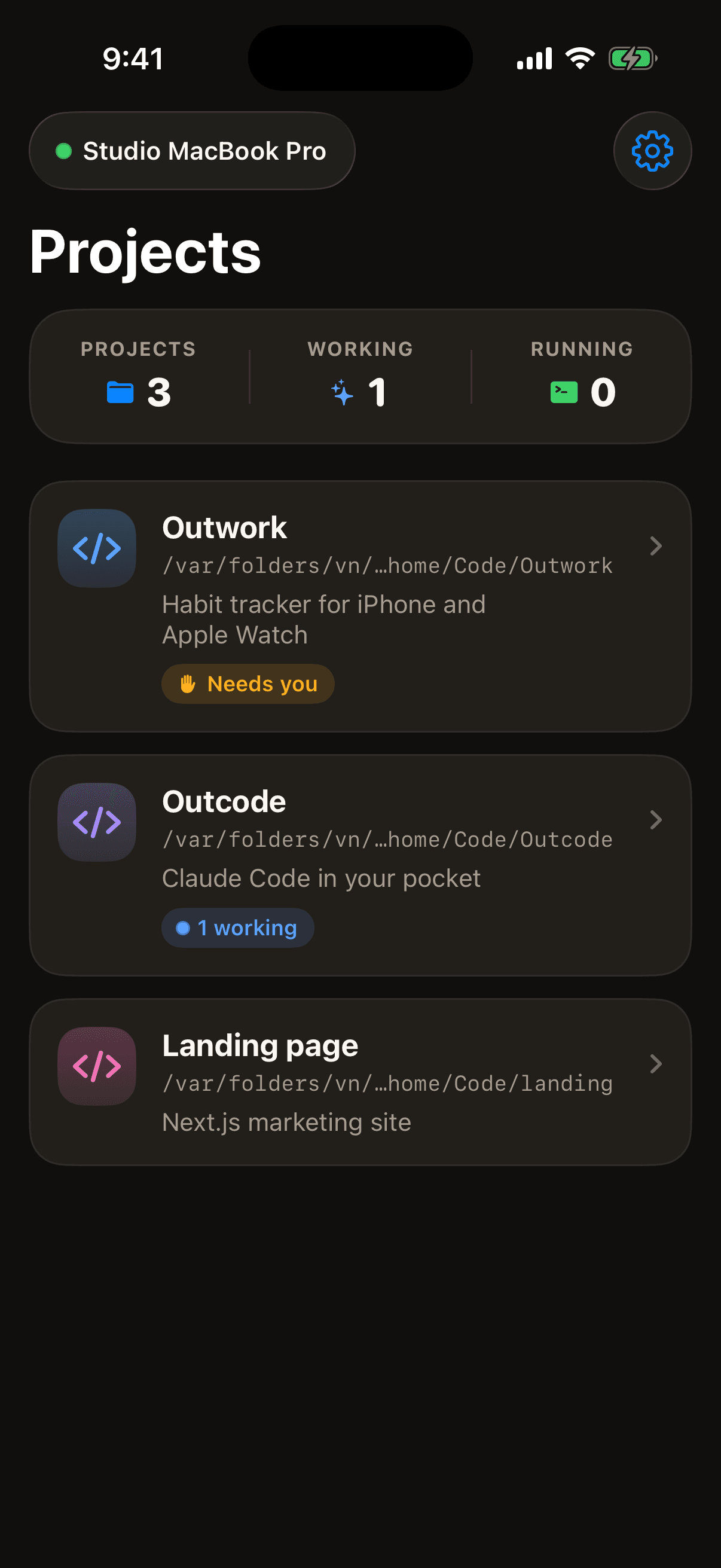 Projects list with live status