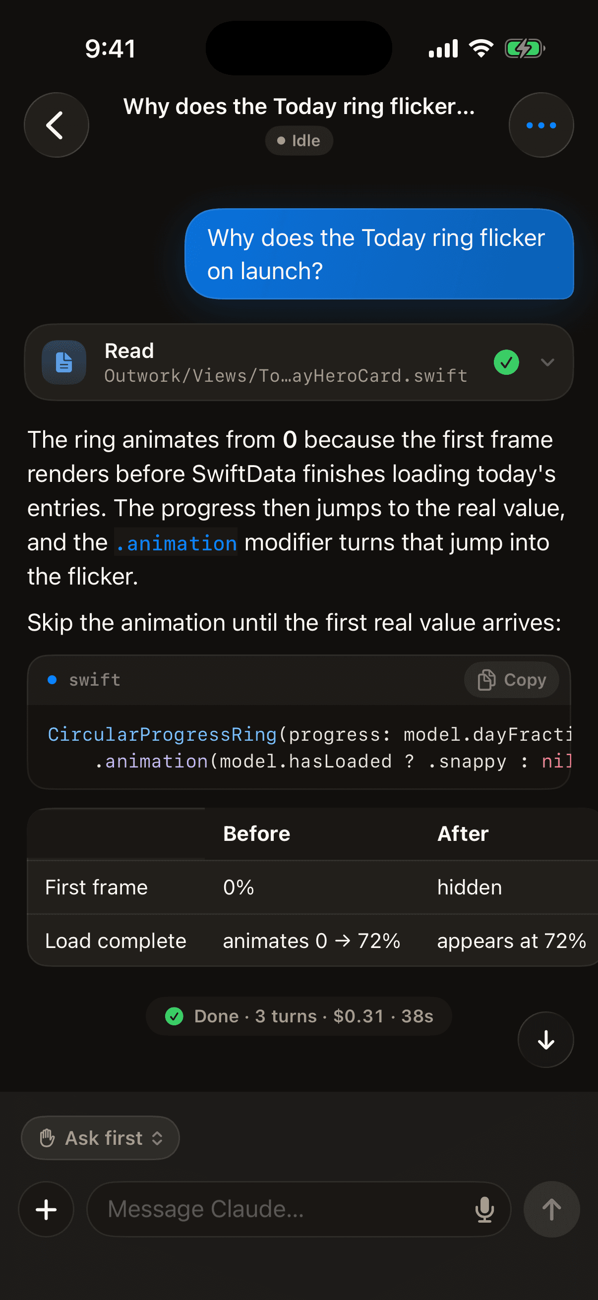 A Claude session with a highlighted code block