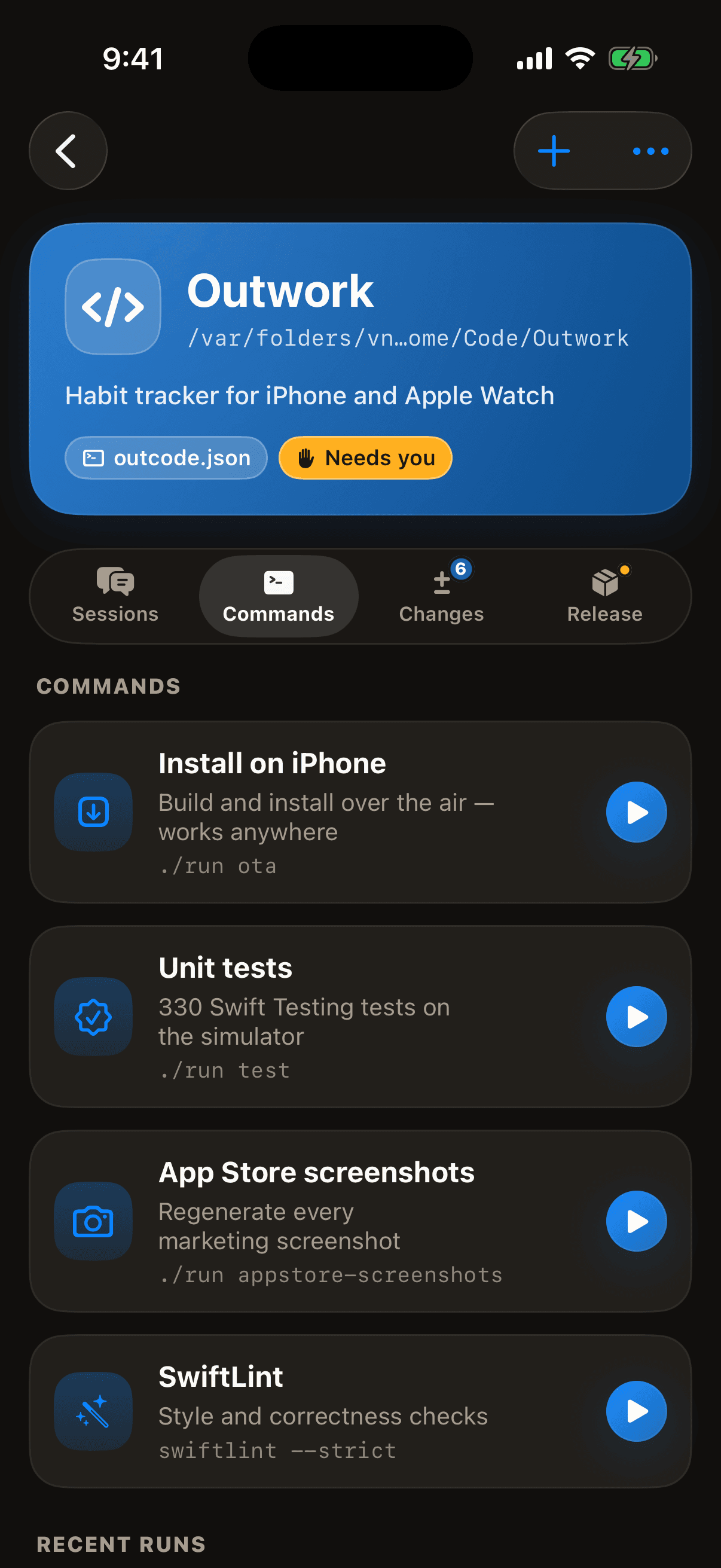 The project's command panel on iPhone, with run buttons for each command