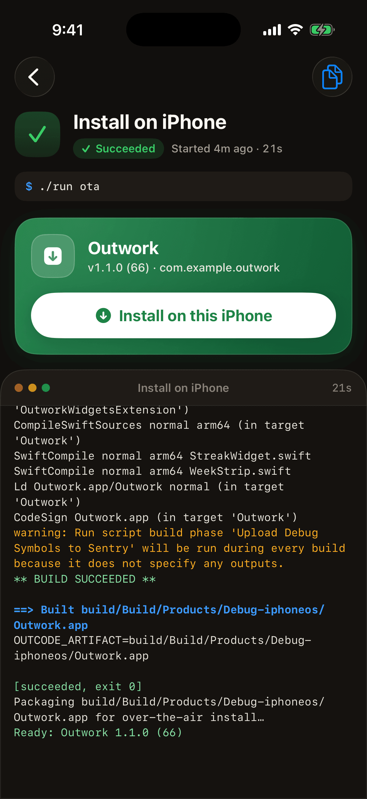 A finished build with an Install on this iPhone button