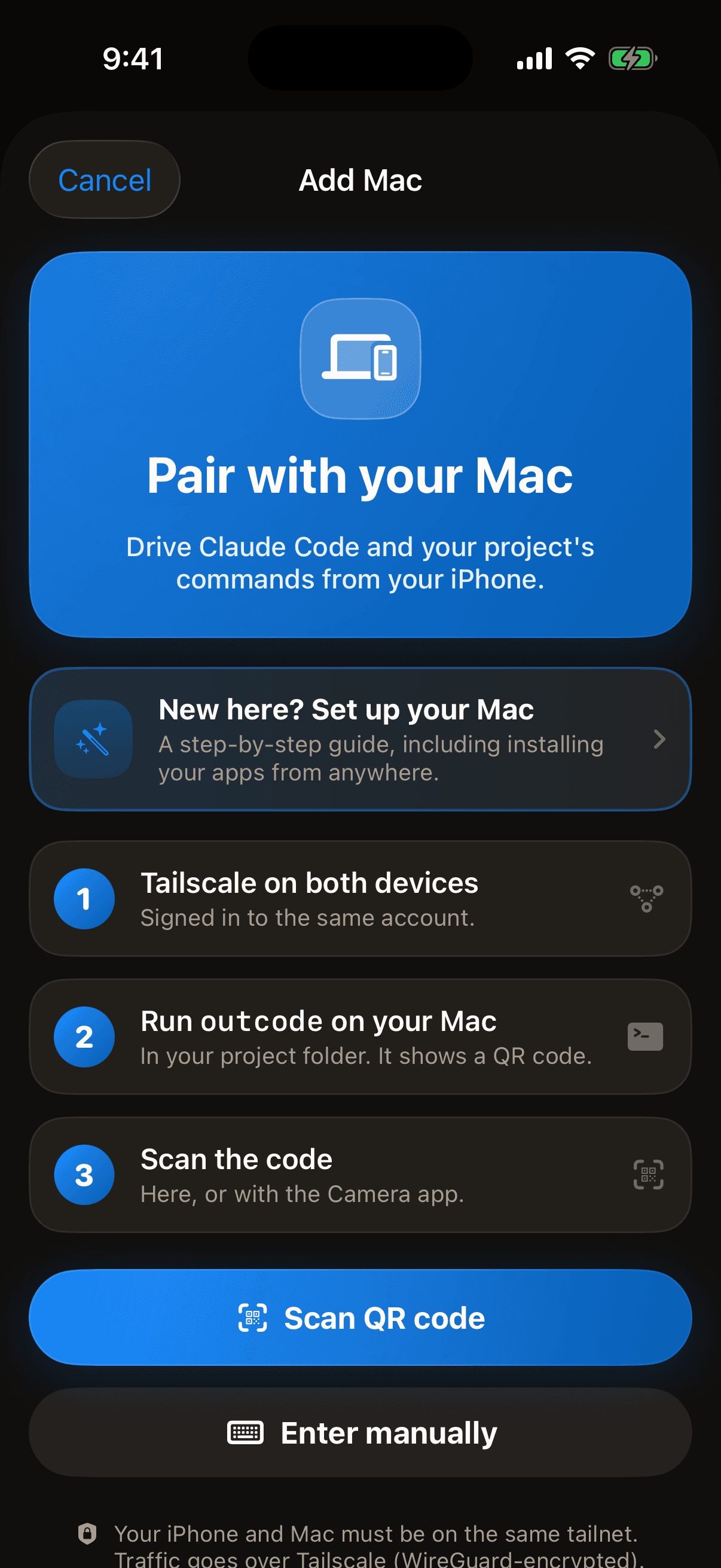 Pairing screen with a scan button