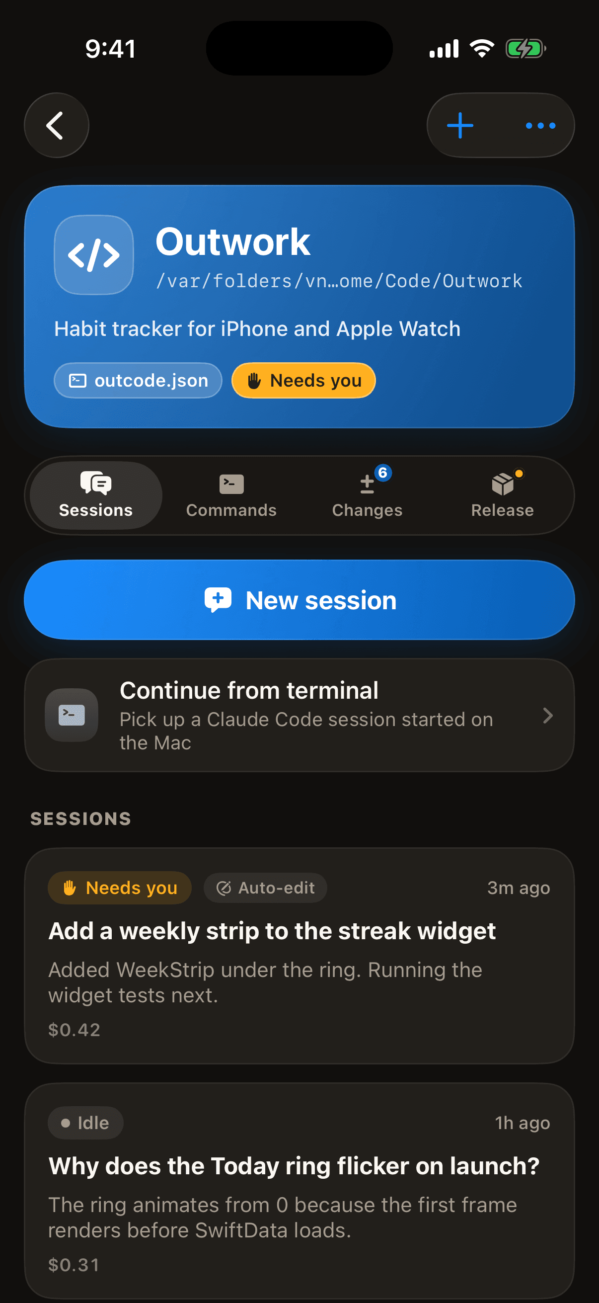 A project with its sessions
