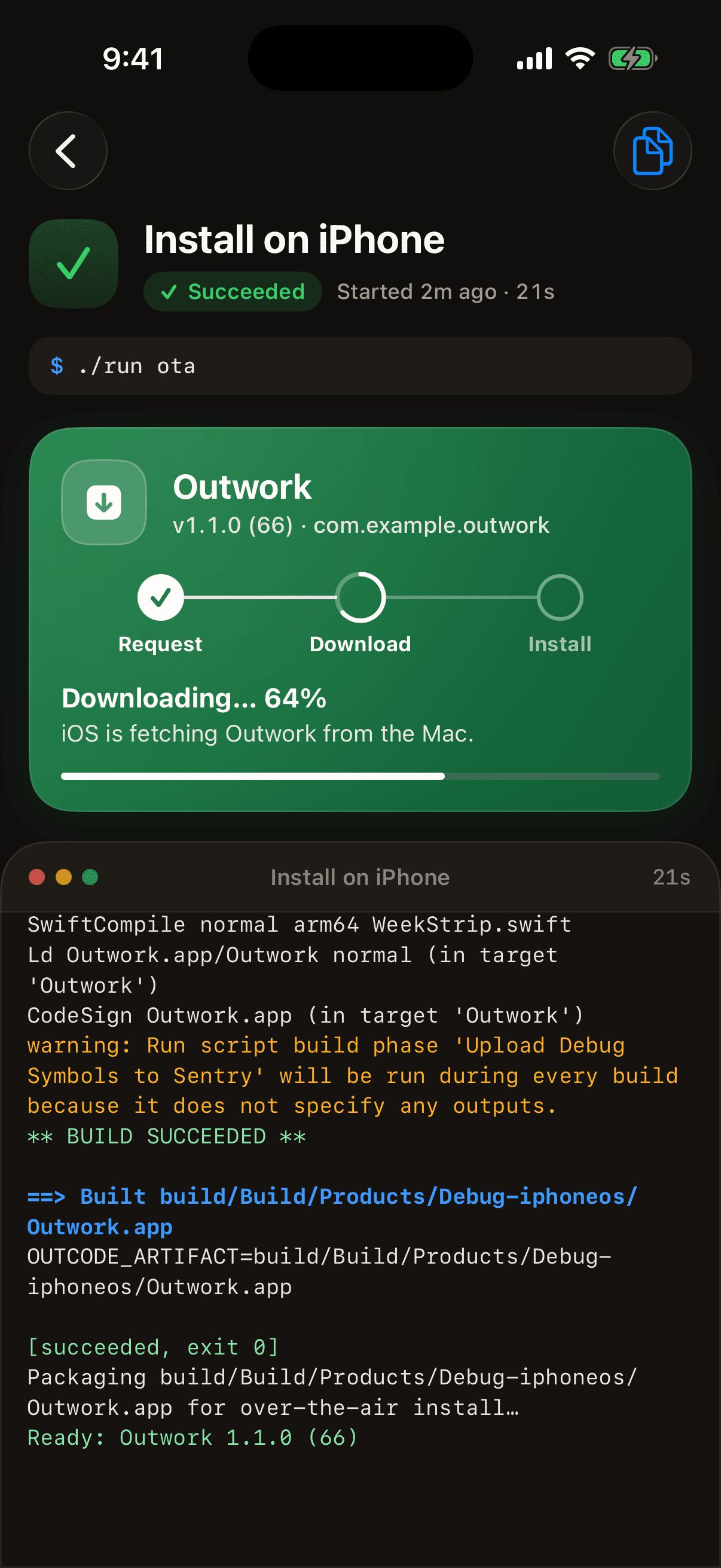 The install panel on iPhone while the build downloads from the Mac