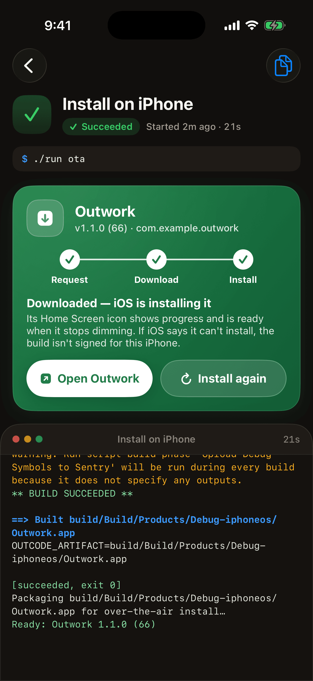The build is installed, with an Open Outwork button