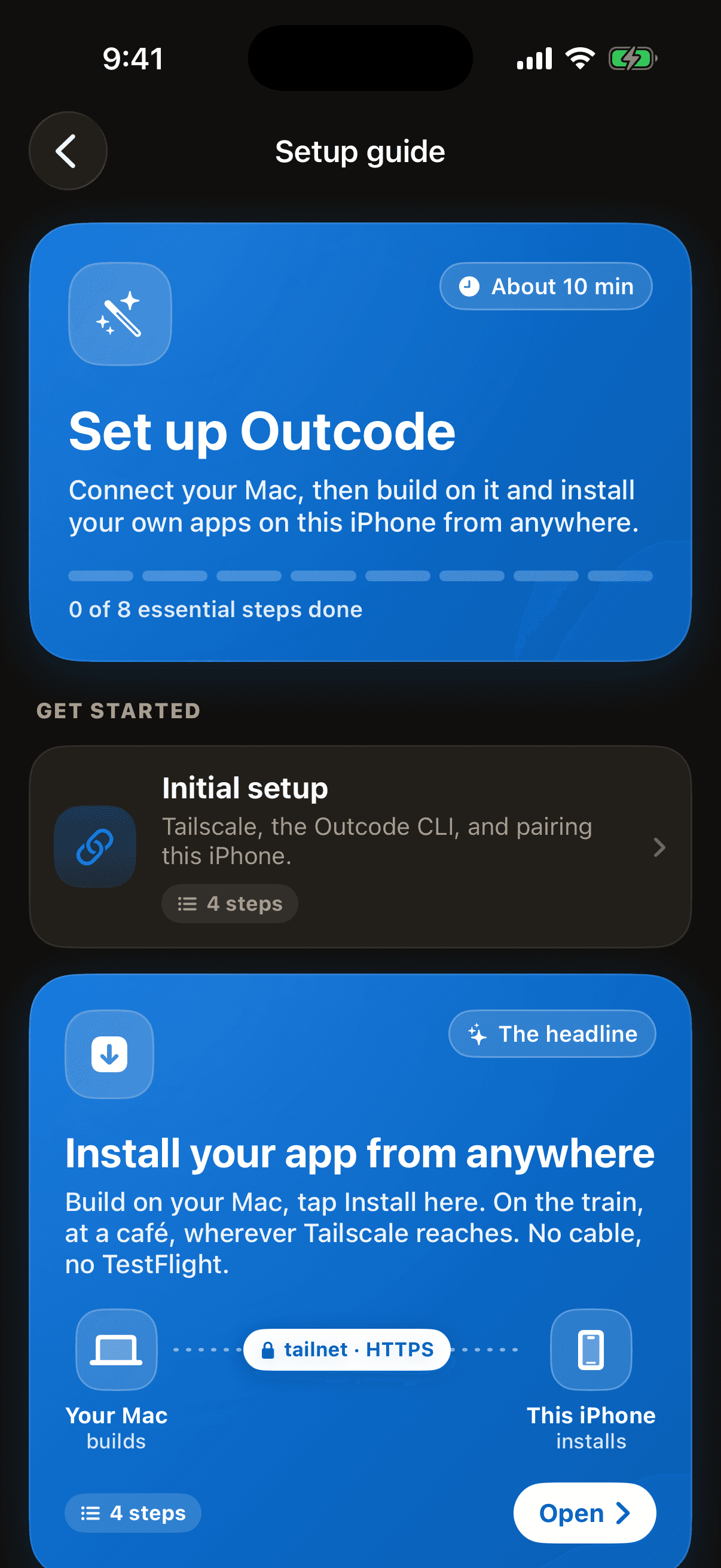 The in-app setup guide, at the install step